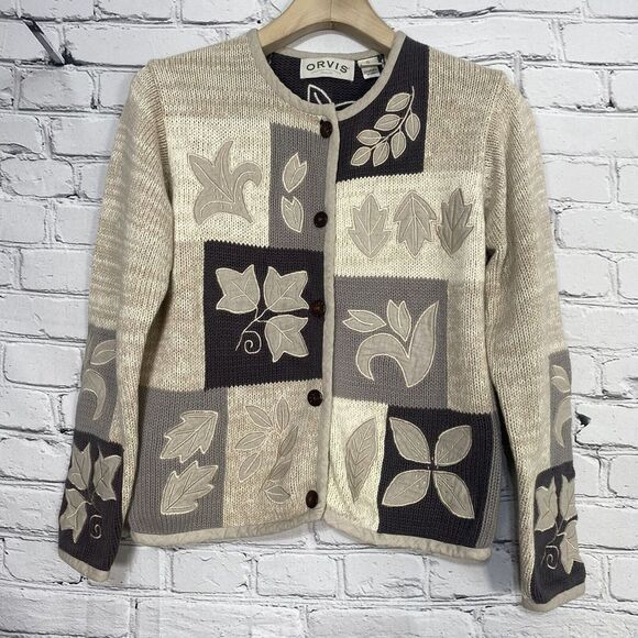 Orvis Sweaters - Orvis Womens Sweater Size S Beige Gray Cardigan‎ Embroidered Leaves Cottage VTG